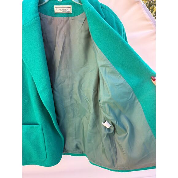 Vintage 70s Gregge Sport Green 200% Wool Union Made Open Front Coat Sz 8 - Picture 4 of 7